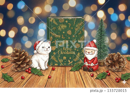 クリスマスの本とサンタと猫の雑貨イラスト（夜のイルミネーション背景） 133728015
