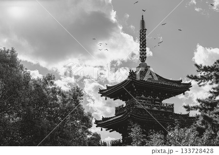 鶴林寺の三重塔（モノクロ） 133728428