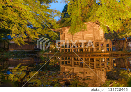 岩手県平泉町 秋の中尊寺、弁財天堂のライトアップ 133728466