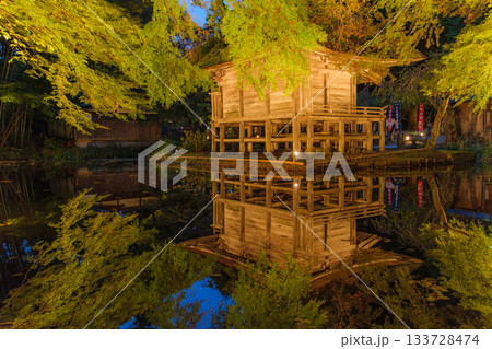 岩手県平泉町 秋の中尊寺、弁財天堂のライトアップ 133728474