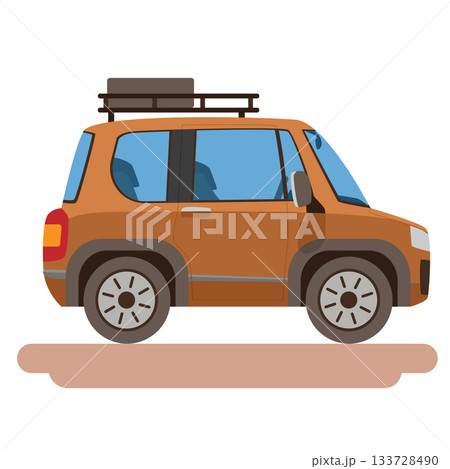Object isolated on white background with shadow of mini car. On rack with spare tire. Car soft orage color cartoon. Object isolated on white background with shadow of mini car. On rack with spare tire. Car soft orage color cartoon. 133728490