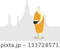 Buddhist Monk with Alms Bowl at Thai Temple Silhouette in background. Concept for religion and buddhism. 133728571