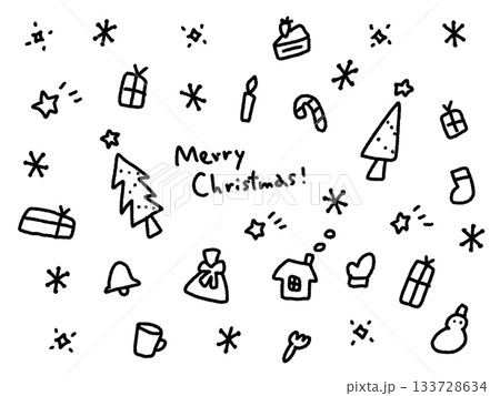 落書き風の手描きのかわいいクリスマスイラスト モノクロ線画 背景素材 落書き風の手描きのかわいいクリスマスイラスト モノクロ線画 背景素材 133728634