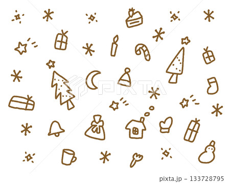 落書き風の手描きのかわいいクリスマスイラスト　ナチュラル　茶色線画　背景素材 133728795