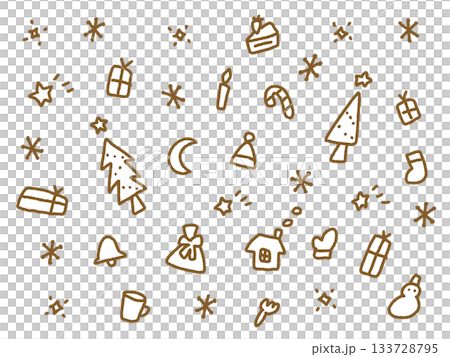 落書き風の手描きのかわいいクリスマスイラスト　ナチュラル　茶色線画　背景素材 133728795