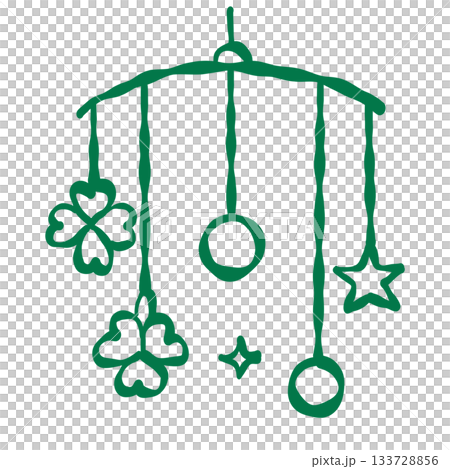 Lucky hanging mobile with charms stars circles and clovers spreading good fortune and peaceful new year blessings in a whimsical hand drawn style 133728856