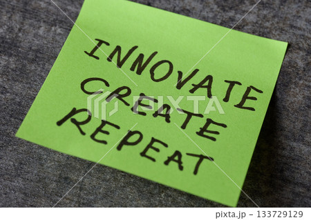 Sticky note displays three powerful words for creativity. 133729129