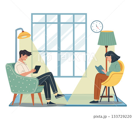 man and woman character  reading  books  in living room 133729220