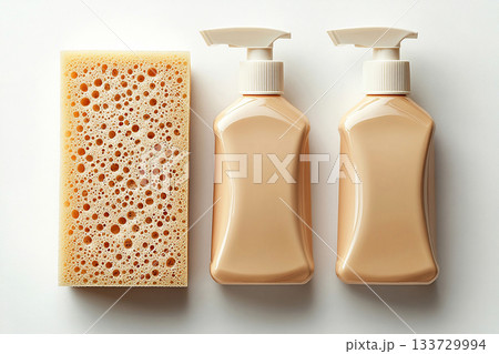 Spray bottles. Commercial use. Top view of sponge next to a light detergent bottle with blank labels on a background in beige colors. 133729994