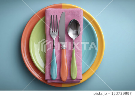 Elegance and formal event settings. Bright silverware set. Fork, knife and spoon. Casual dining or lifestyle. Kitchenware and dining products. 133729997