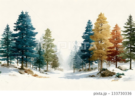 hand drawn snowy forest border with empty center space for text or greeting 133730336