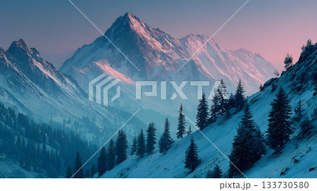 Clean mountain winter scene with gradient sky for branding visuals 133730580
