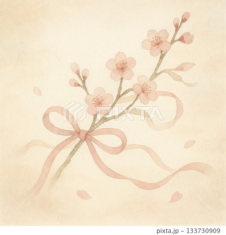 リボンシリーズ：梅の枝に結ばれたリボンの早春水彩背景 133730909