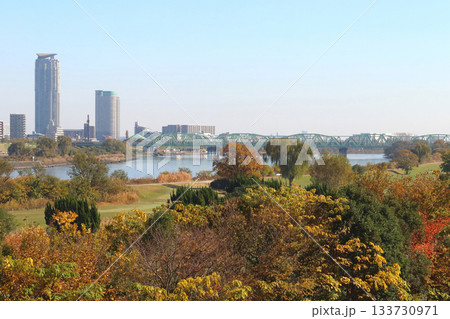 秋の荒川河川敷：荒川橋梁を渡る京浜東北線 133730971