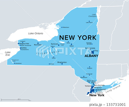 New York State, political map. State in the northeastern United States, one of the Mid-Atlantic states, nicknamed The Empire State. Map with with capital Albany, and with borders and largest cities. 133731001