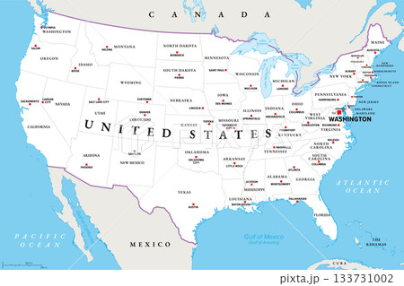 United States mainland, political map with capitals. The contiguous United States, consisting of 48 adjoining U.S. states and the District of Columbia in North America. Illustration. Vector United States mainland, political map with capitals. The contiguous United States, consisting of 48 adjoining U.S. states and the District of Columbia in North America. Illustration. Vector 133731002