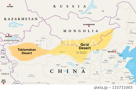Gobi and Taklamakan Desert, political map. Gobi Desert, large, cold desert and grassland region in southern Mongolia and North China, and Taklamakan, in Xinjiang, northwest China. Illustration. Vector Gobi and Taklamakan Desert, political map. Gobi Desert, large, cold desert and grassland region in southern Mongolia and North China, and Taklamakan, in Xinjiang, northwest China. Illustration. Vector 133731003