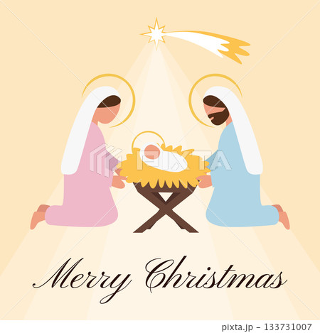 Greeting card, background Holy Family nativity scene with Mary, Joseph and baby Jesus under the bright Bethlehem star 133731007