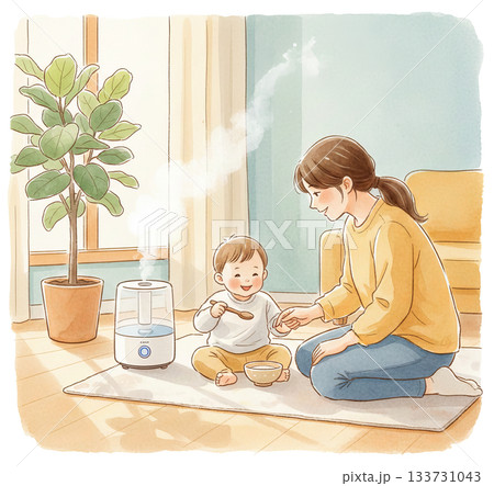 暖かい部屋で加湿器のそばで笑顔の赤ちゃんに離乳食を与える母親 133731043