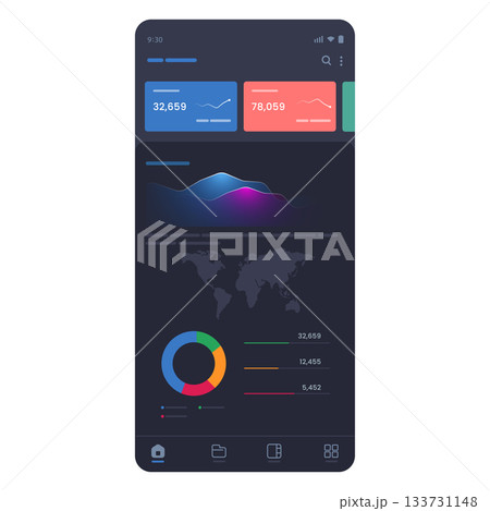 Dark mode business analytics dashboard interface for mobile application colorful charts black background financial statistics or data monitoring system 133731148