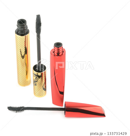 Luxury Gold and Red Mascara Tubes with Applicator Brushes Isolated 133731429