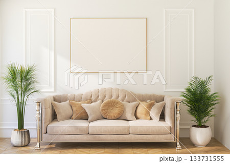 A Horizontal Thin Frame Mockup on Light Wall in Modern Interior. 3D Render. 133731555
