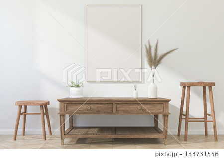 Thin Vertical Wooden Frame Mockup with Minimalist Design on Light Wall. 3D render. 133731556