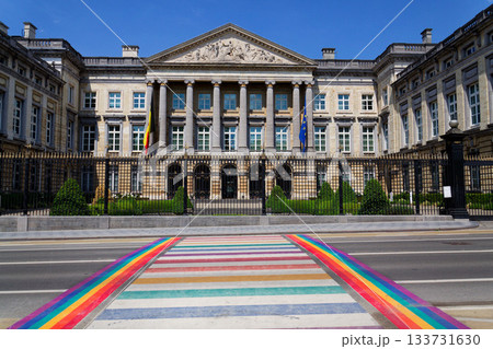 Rainbow-painted crosswalk connecting Parc de Bruxelles with the Brussels Parliament Chamber of Representatives, vibrant colors symbolizing diversity and pride 133731630