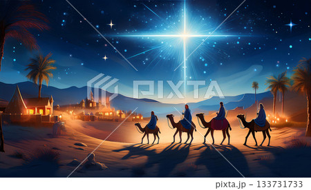 Three wise men on camels follow a bright star...のイラスト素材 [133731733] - PIXTA