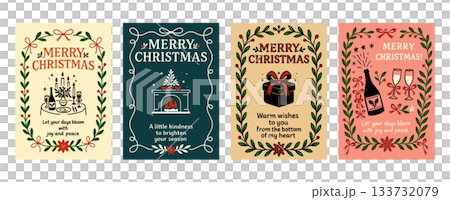 ホリデーシーズンを彩る手描きクリスマスカード4種、Festive Christmas Card  133732079