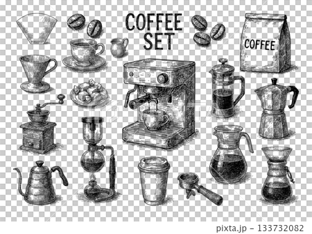 咖啡用具套裝，鋼筆畫插圖，咖啡用套裝 133732082