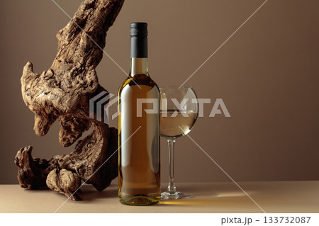 White wine and old snag on a beige background. 133732087