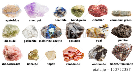 set of samples of raw rocks with names isolated 133732387