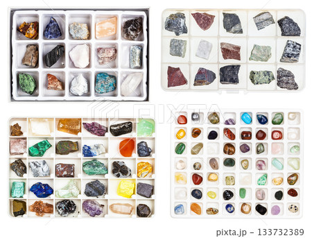 set of various boxes of natural minerals isolated 133732389