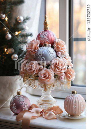 Christmas tree made from flowers for New Year's holidays, winter season Christmas tree made from flowers for New Year's holidays, winter season 133732780