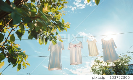 Sunlit linens drying happily outside, Clothes fluttering gently in outdoor air flow, Freshly washed household linens waving as they dry peacefully in outdoor sunlight atmosphere Sunlit linens drying happily outside, Clothes fluttering gently in outdoor air flow, Freshly washed household linens waving as they dry peacefully in outdoor sunlight atmosphere 133732800