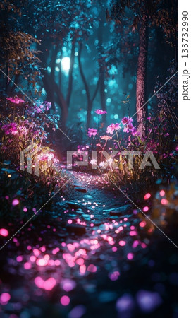 An Enchanting Moonlit Forest Pathway that features Blossoming Flowers and has a Serene Atmosphere around it 133732990