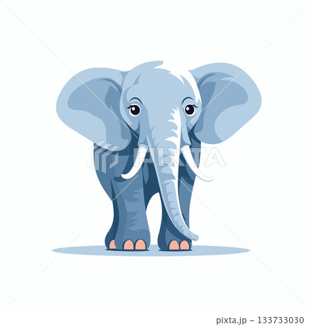 A stylized, light blue elephant with big ears and small tusks stands facing forward. The drawing has simple lines and is set against a plain white background. 133733030