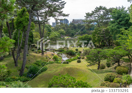 Traditional Shukkei-en Japanese garden with pond in Hiroshima, Japan 133733291