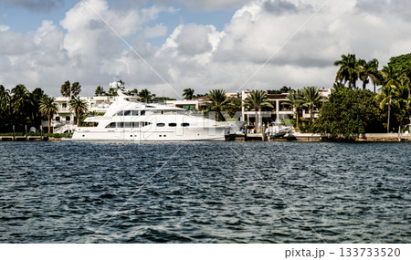 Luxury yacht boat in the sea at Miami port and Fisher island for summer vacation 133733520