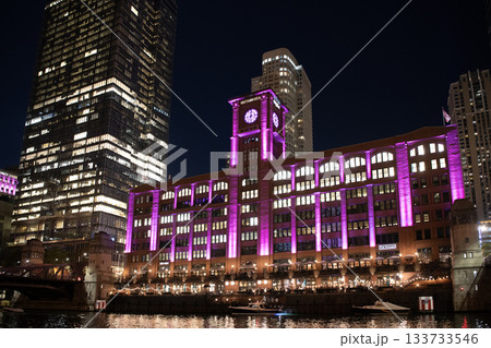 Chicago, Illinois, USA - October 12, 2024: Skyscraper cityscape. Night city of Chicago. Business city. Night cityscape of Chicago skyscraper building. Chicago architecture of skyscraper 133733546