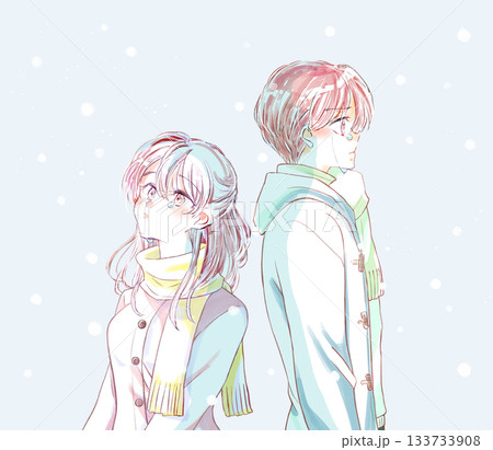 背中合わせの冬の男女　涙　雪 133733908