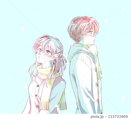 背中合わせの冬の男女　涙　雪 133733909