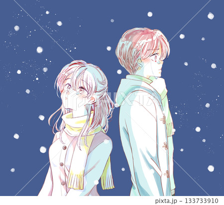 背中合わせの冬の男女　涙　雪 133733910