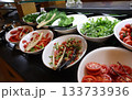 Fresh Salad Bar With Tomatoes, Cucumbers, Herbs, And Mixed Greens For Buffet Display 133733936