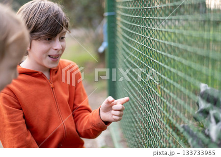 A boy in an orange hoodie shares a delightful moment at the zoo, leaning closely to a fence to connect with an animal. His excitement is palpable as he explores the wonders of nature alongside family. 133733985