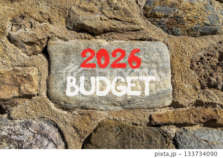 2026 Budget symbol. Concept words 2026 Budget on beautiful grey stone on stone wall. Beautiful stone wall background. Business and 2026 budget concept. Copy space. 133734090