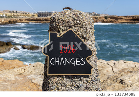 2026 Changes symbol. Concept words 2026 Changes on beautiful black blackboard. Beautiful sea stone and blue sky background. Business and 2026 changes concept. Copy space. 133734099