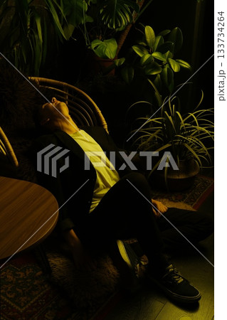Silhouette of musician amidst foliage with soft illumination 133734264
