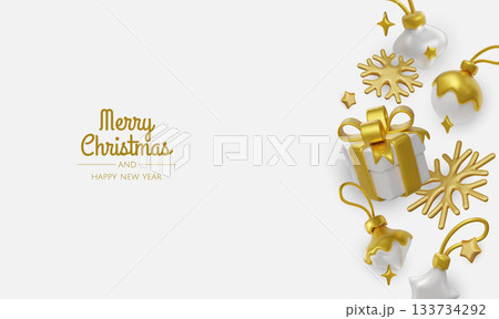 3D render of white gift box with golden ribbon, snowflakes and baubles, ideal for modern Christmas sale or invitation 133734292